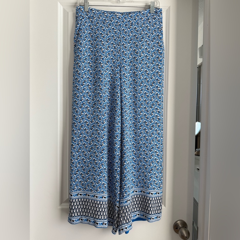 LOFT Blue and White Patterned Wide-Leg Pants